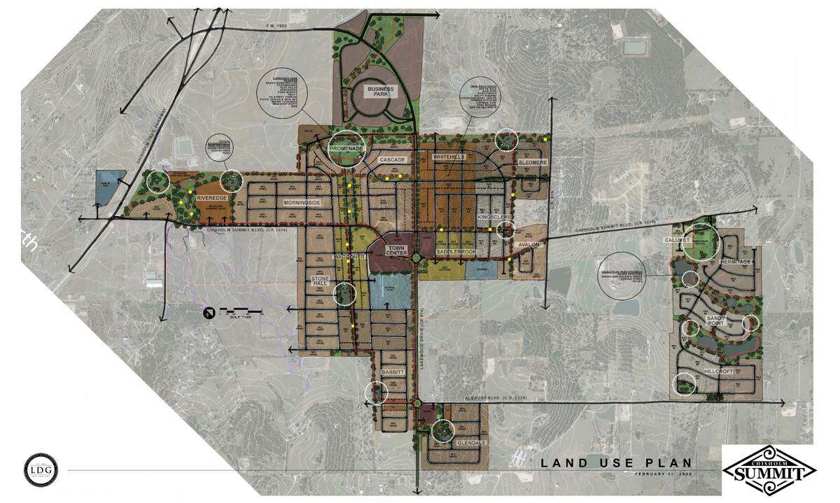 A map showing the planned land use for the Chisholm Summit development in Burleson. The different residential neighborhoods are color coded. The town center, Chisholm Square, is in the center in purple. The Hooper Business Park is at the top of the map.