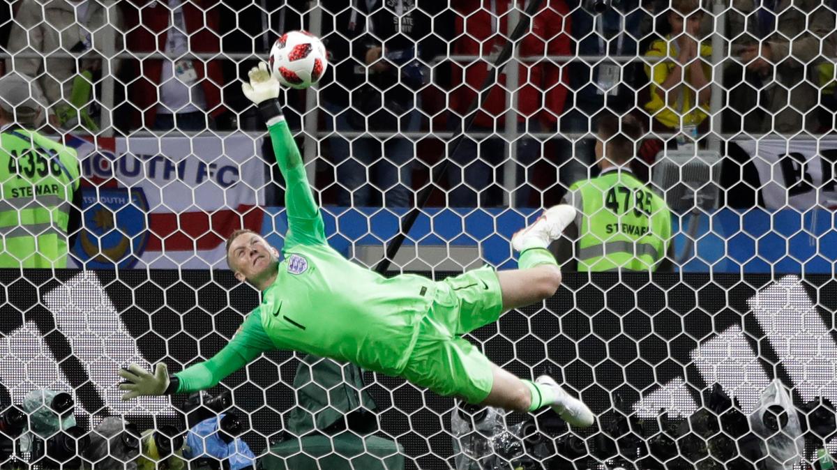 England goalkeeper Jordan Pickford saves a penalty during the round of 16 match between Colombia and England at the 2018 soccer World Cup in the Spartak Stadium, in Moscow, Russia, on Tuesday.
