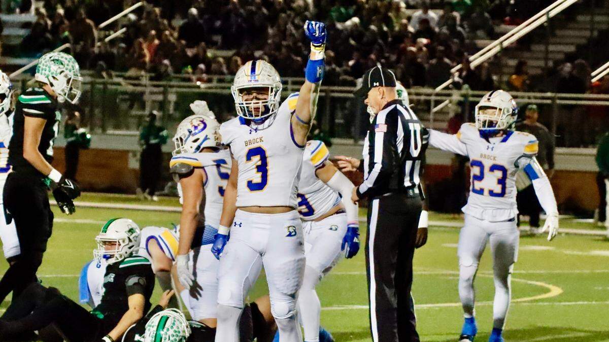 Brock’s Carson Finney celebrates and third down stop against Paradise in a Class 3A Division 1 state quarterfinal on Friday, December 1, 2023 at Ram Stadium in Mineral Wells, Texas.