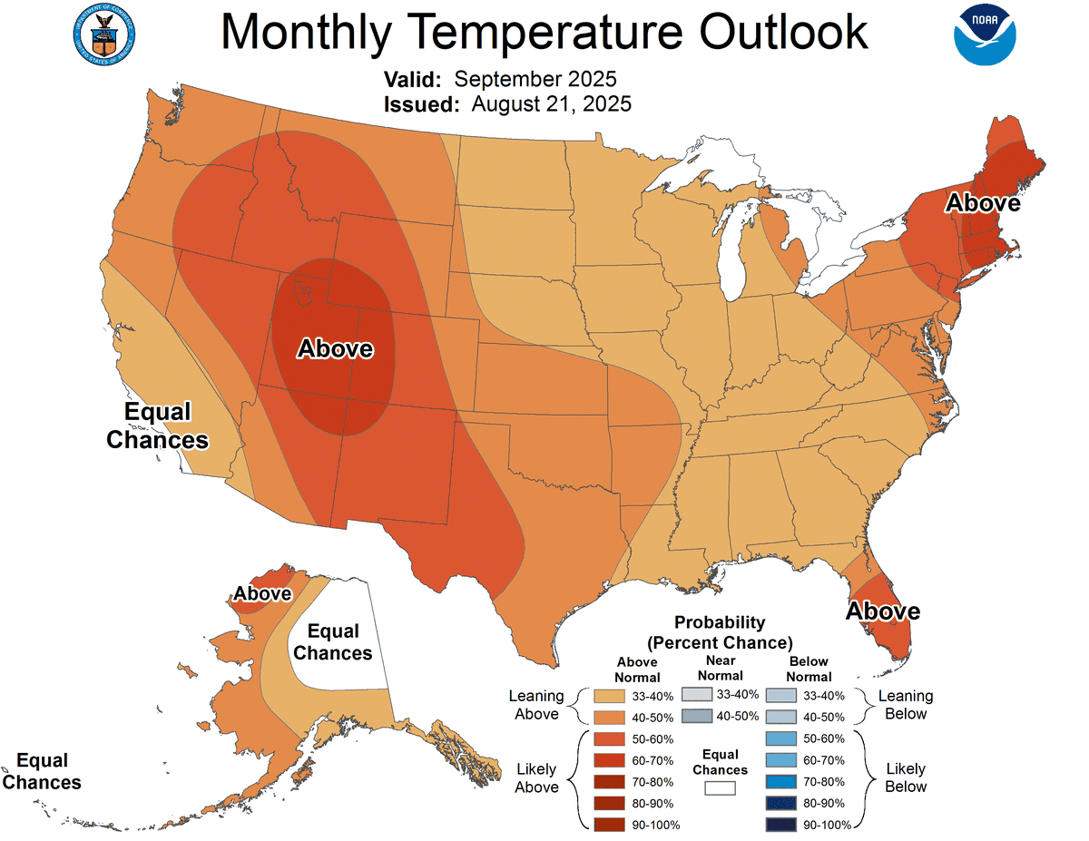 The monthly temperature outlook for the U.S. in September 2025.