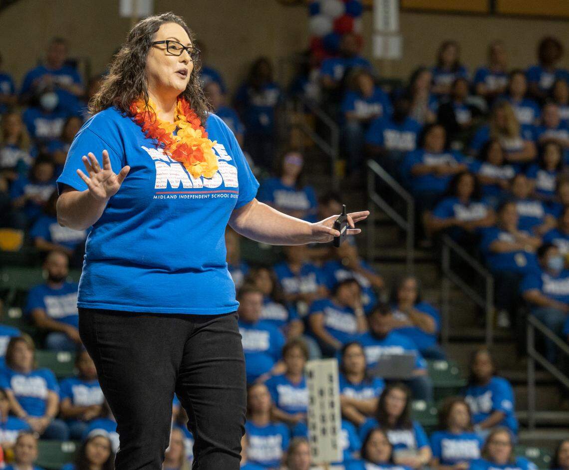 MISD Superintendent Angélica Ramsey speaks with Midland ISD teachers and staff 08/01/2022 at the 2022-2023 Convocation in the Chaparral Center. Tim Fischer/Reporter-Telegram