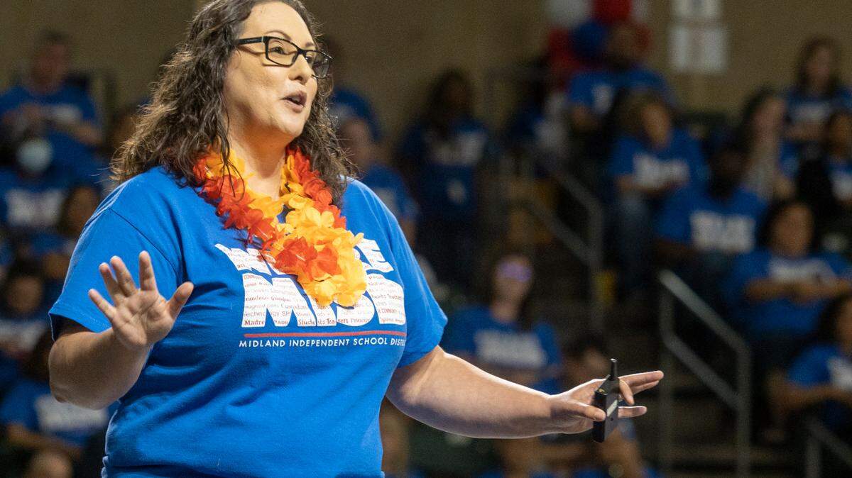 Midland ISD Superintendent Angélica Ramsey speaks with teachers and staff Aug. 1. Ramsey is expected to sign a contract Tuesday as Fort Worth’s new superintendent of schools.