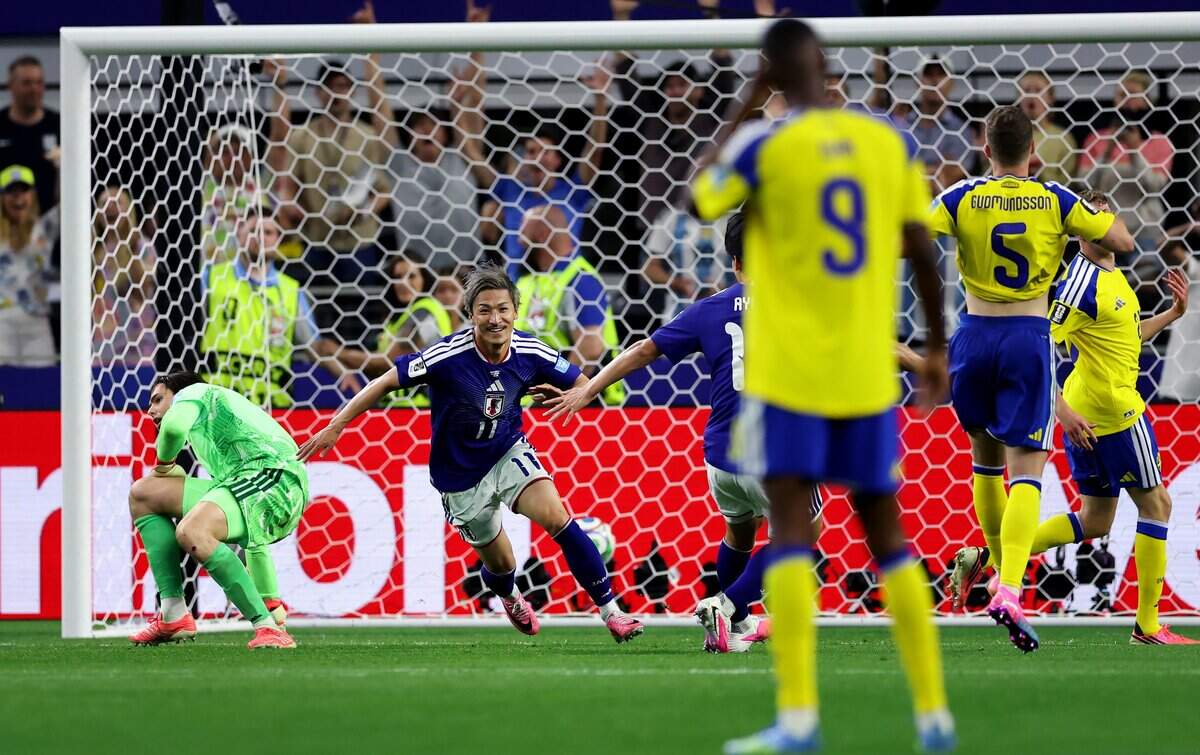 Japan midfielder Daizen Maeda celebrates a goal in the second half against Sweden during the FIFA World Cup 2026 group stage match on Thursday, June 25, 2026, at Dallas Stadium in Arlington.