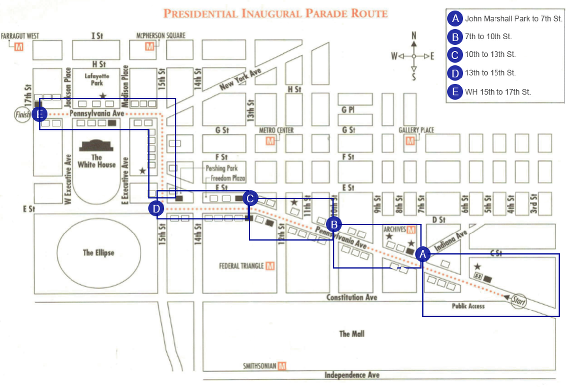 The inaugural parade route that President-elect Trump and Vice President-elect Vance will take with families and U.S. military from the Capitol to the White House in Washington D.C.