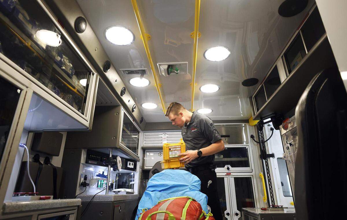 MedStar paramedic Chandler Ashley makes sure his ambulance is ready before heading out of headquarters on Friday, May 20, 2022.