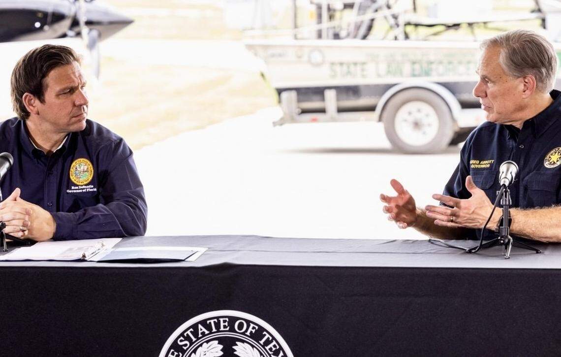 Texas Gov. Greg Abbott hosted Florida Gov. Ron DeSantis for a briefing in Del RIo, Texas, July 17, 2021.