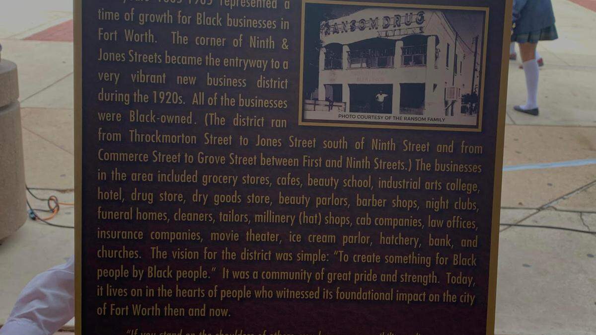A historical marker tells the story of Downtown Fort Worth’s Black business district.