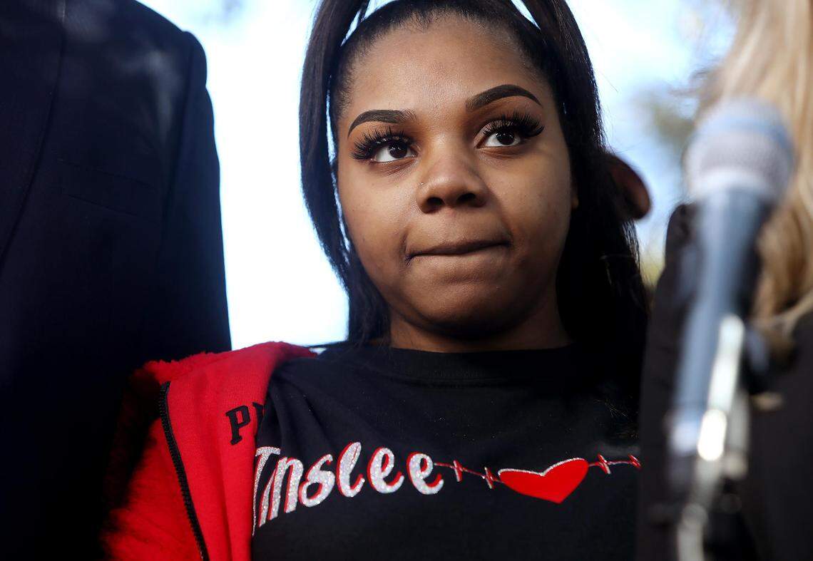 Trinity Lewis, mother of of Tinslee Lewis, attends a press conference on Monday, January 6, 2020, outside of Cook Children’s Medical Center in Fort Worth. The family of baby Tinslee Lewis held a press conference outside of the hospital after a Texas appeals court granted an emergency motion to stay a ruling that permitted Cook Children’s to disconnect Tinslee Lewis from a ventilator against her relativesÕ wishes.