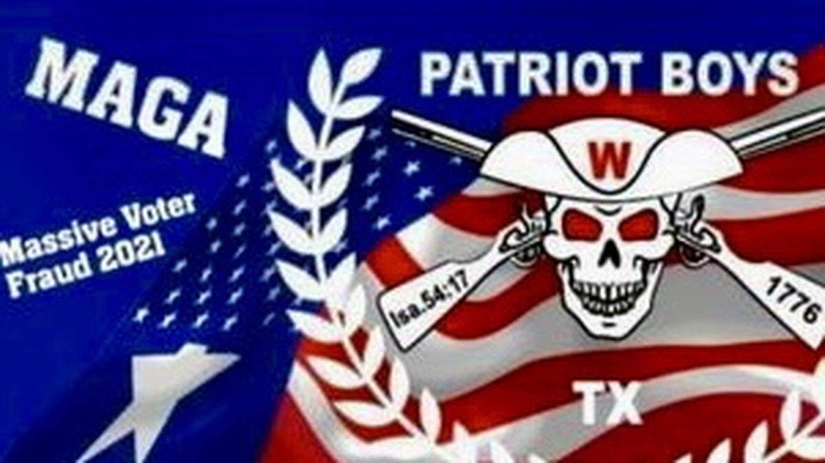 A militia group called the Patriot Boys promoted a rally using a skull and crossed rifles as an emblem.