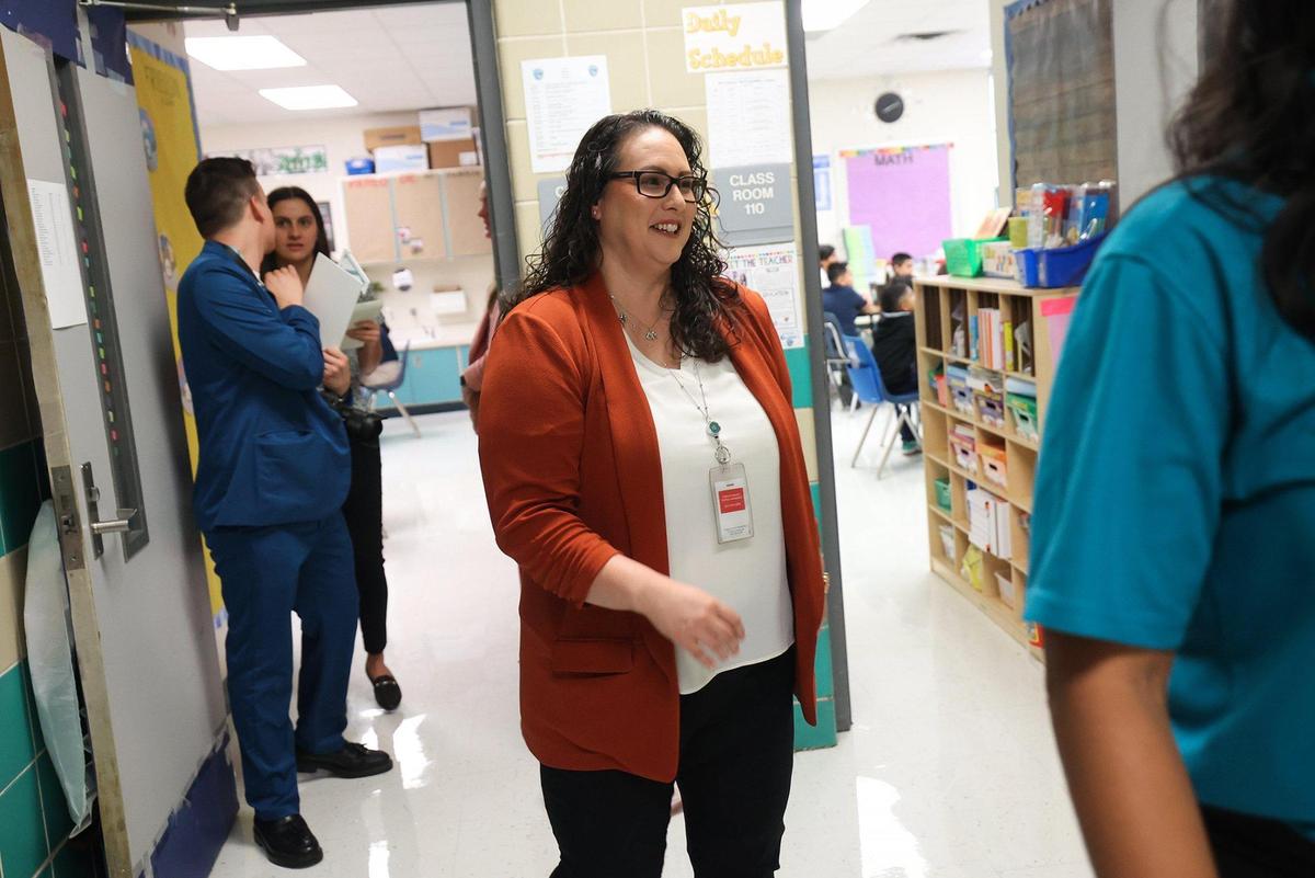 Fort Worth ISD Superintendent Angélica Ramsey visits T.A. Sims Elementary School on the first day of school on Monday, August 14, 2023, in Fort Worth.