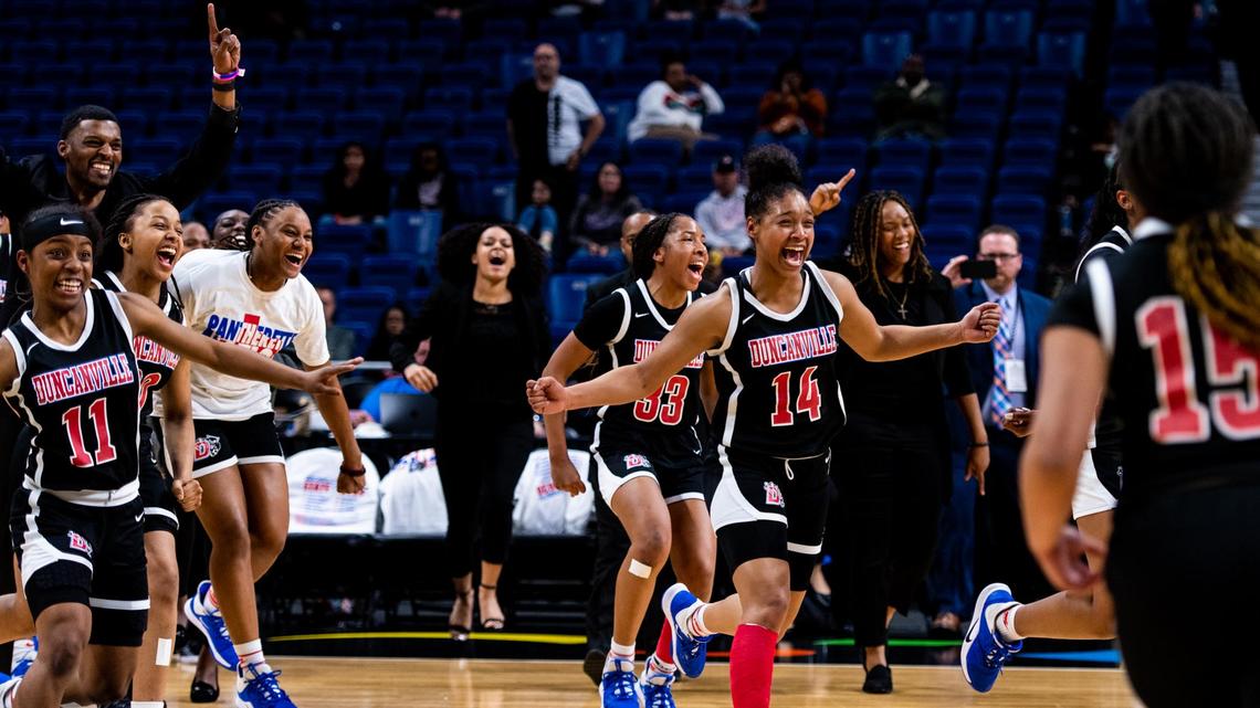 Duncanville stroms the court after defeting the previously undefeated Cypress Creek Cougars, 63-47, in the 6A State Championship game at the Alamodome in San Antonio on March 7th, 2020. (Matt Smith: Special to the Star-Telegram).