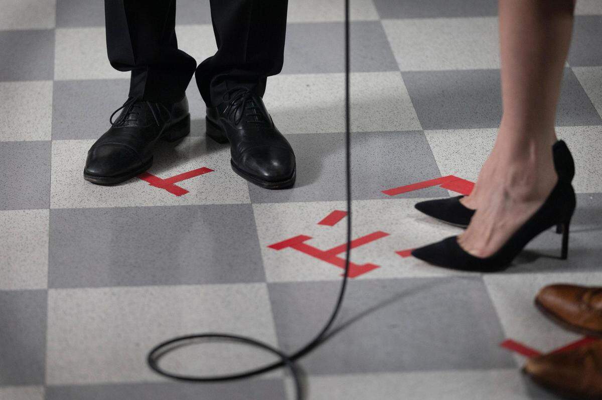 Clayton Stephenson stands on his mark backstage while being interviewed after his semifinal performance during the 16th Cliburn International Piano Competition at Bass Performance Hall in Fort Worth, Texas, on Thursday, June 10, 2022.