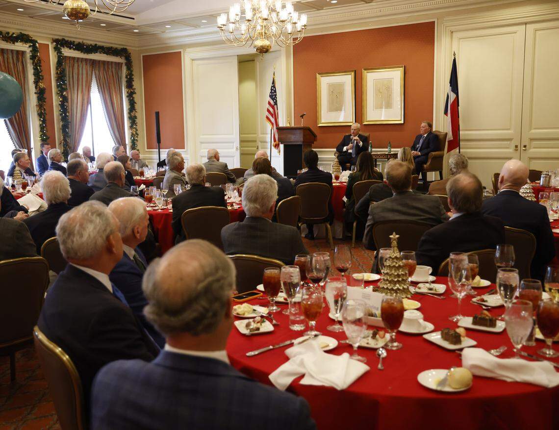 Ross Perot Jr. talks to members at the Exchange Club Christmas luncheon for Children's Charities on Wednesday Dec. 03, 2025 at The Fort Worth Club in Fort Worth, Texas.