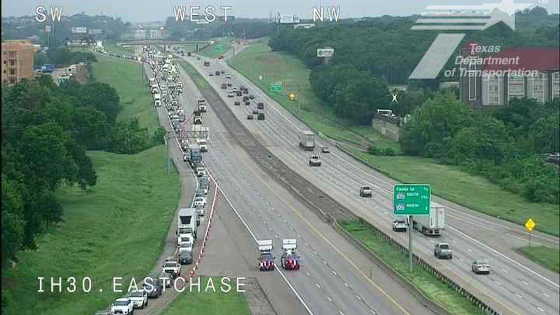 A crash involving a jack-knifed 18-wheeler with a fuel spill closed all eastbound lanes of I-30 at Eastchase Parkway to traffic early Wednesday, April 30. The truck driver fell asleep, causing the accident, Arlington police said.