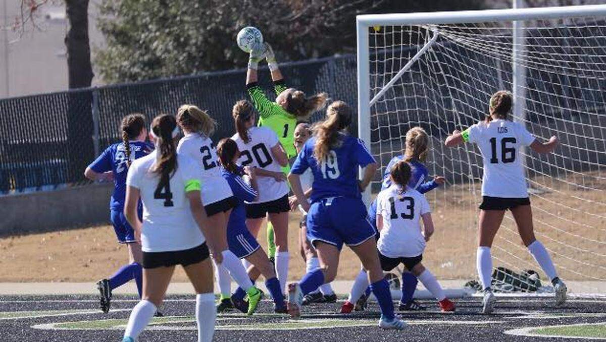 Madi Martin (green) makes a save during a soccer game at Dragon Stadium.
