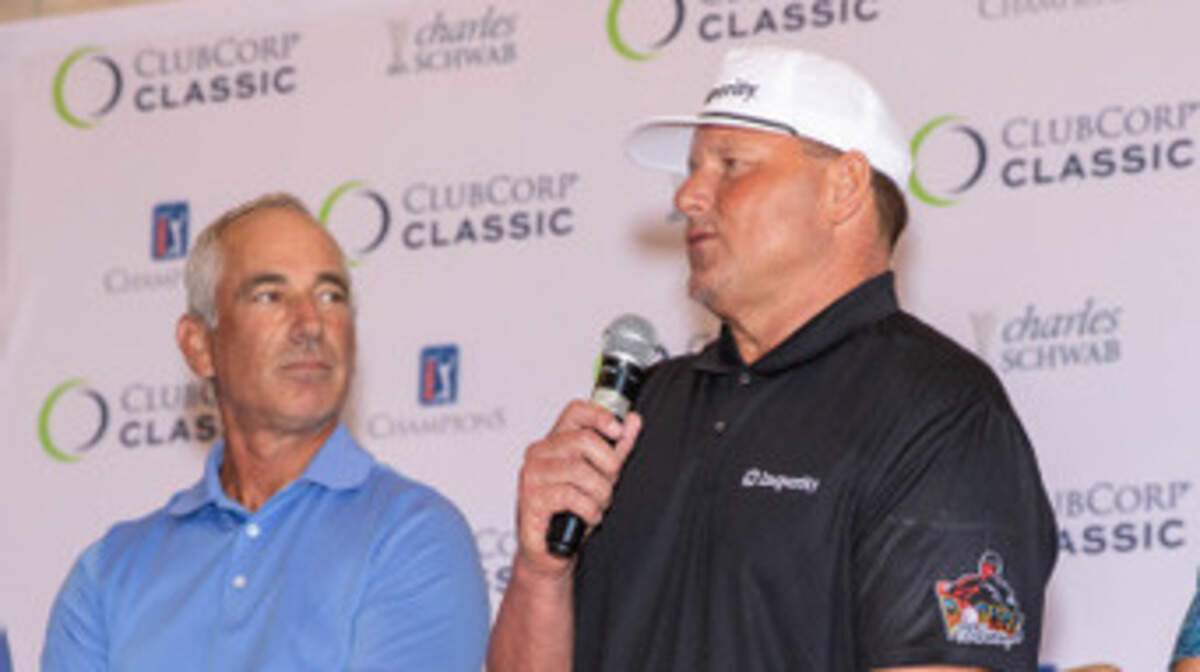Former MLB pitcher Roger Clemens, right, talks about the inaugural ClubCorp Classic at Las Colinas Country Club. Former PGA Tour player Corey Pavin, left, also joined the news conference.