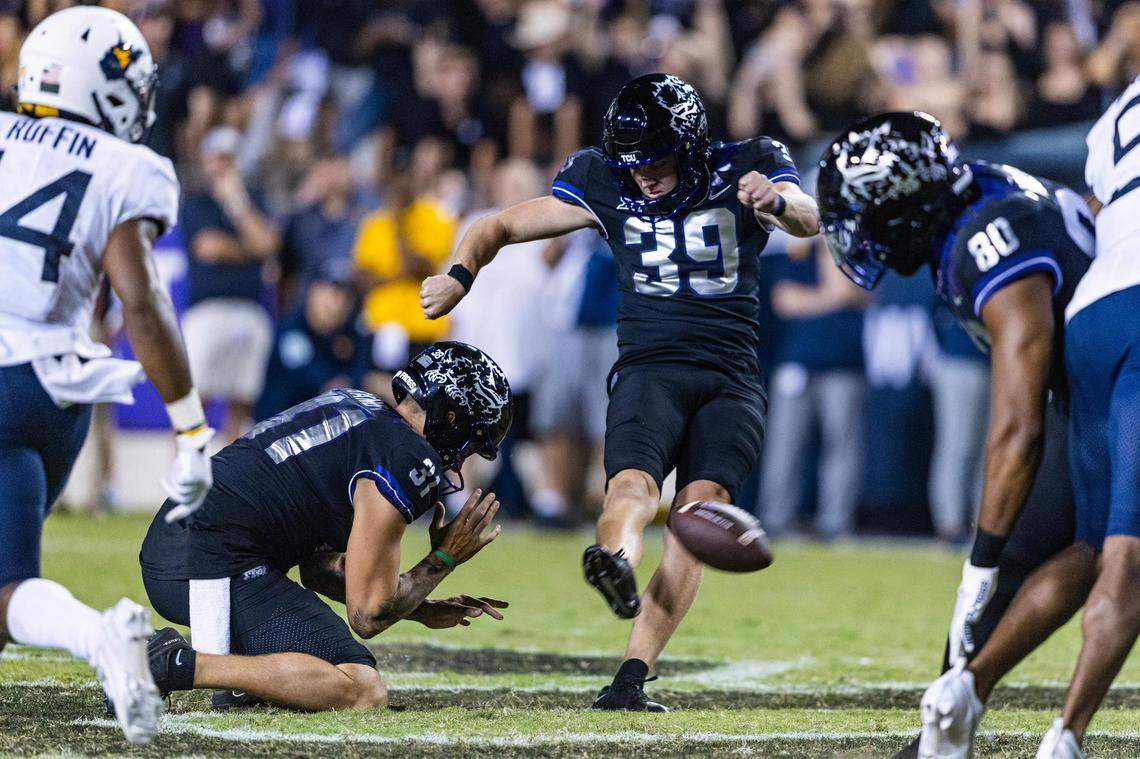 TCU kicker Griffin Kell (39) gets his field goal attempt blocked to end the game between the TCU Horned Frogs and the West Virginia Mountaineers at Amon G. Carter Stadium in Fort Worth on Saturday, Sept. 30, 2023. The Horned Frogs lost 24-21.