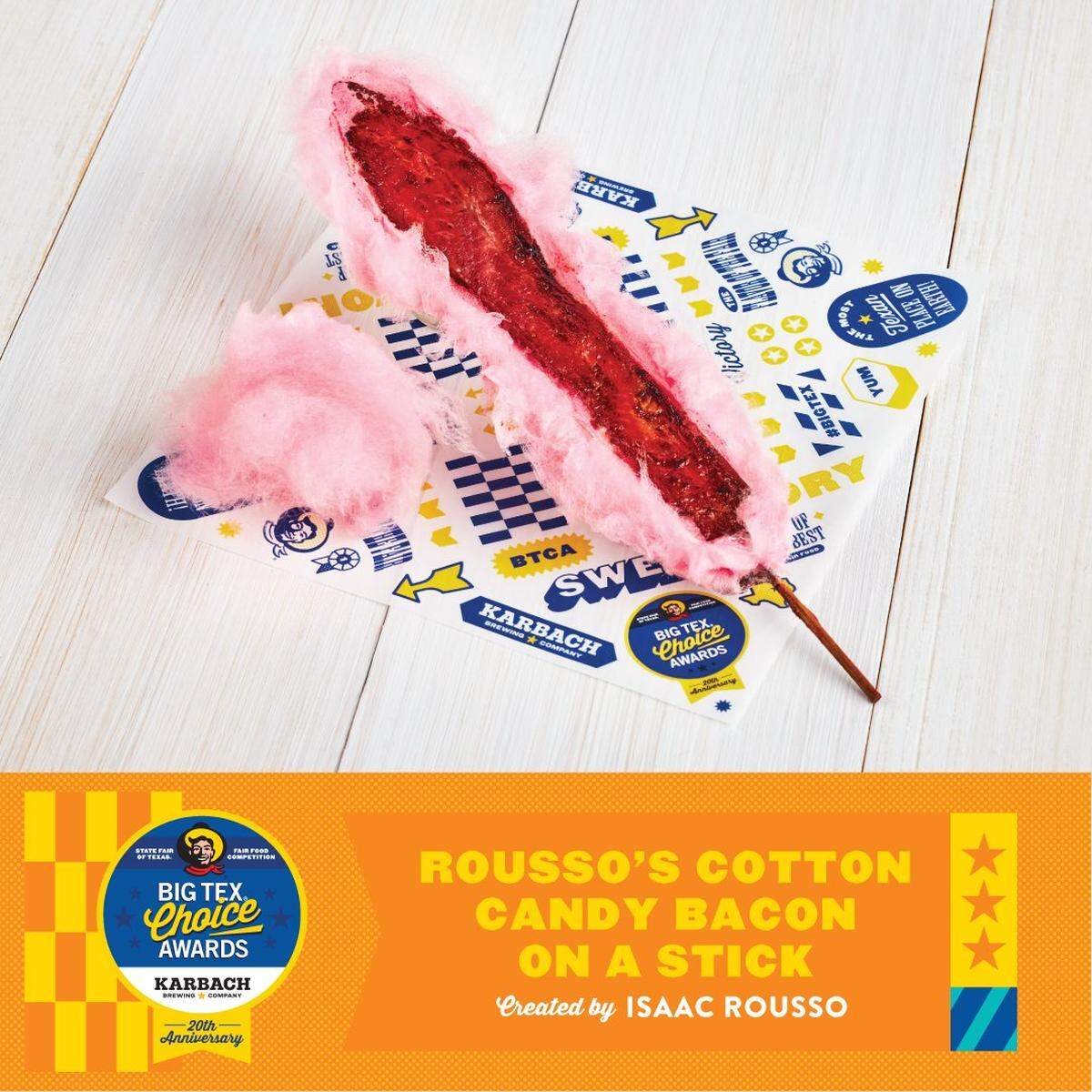 Rousso’s Cotton Candy Bacon on a Stick by Isaac Rousso