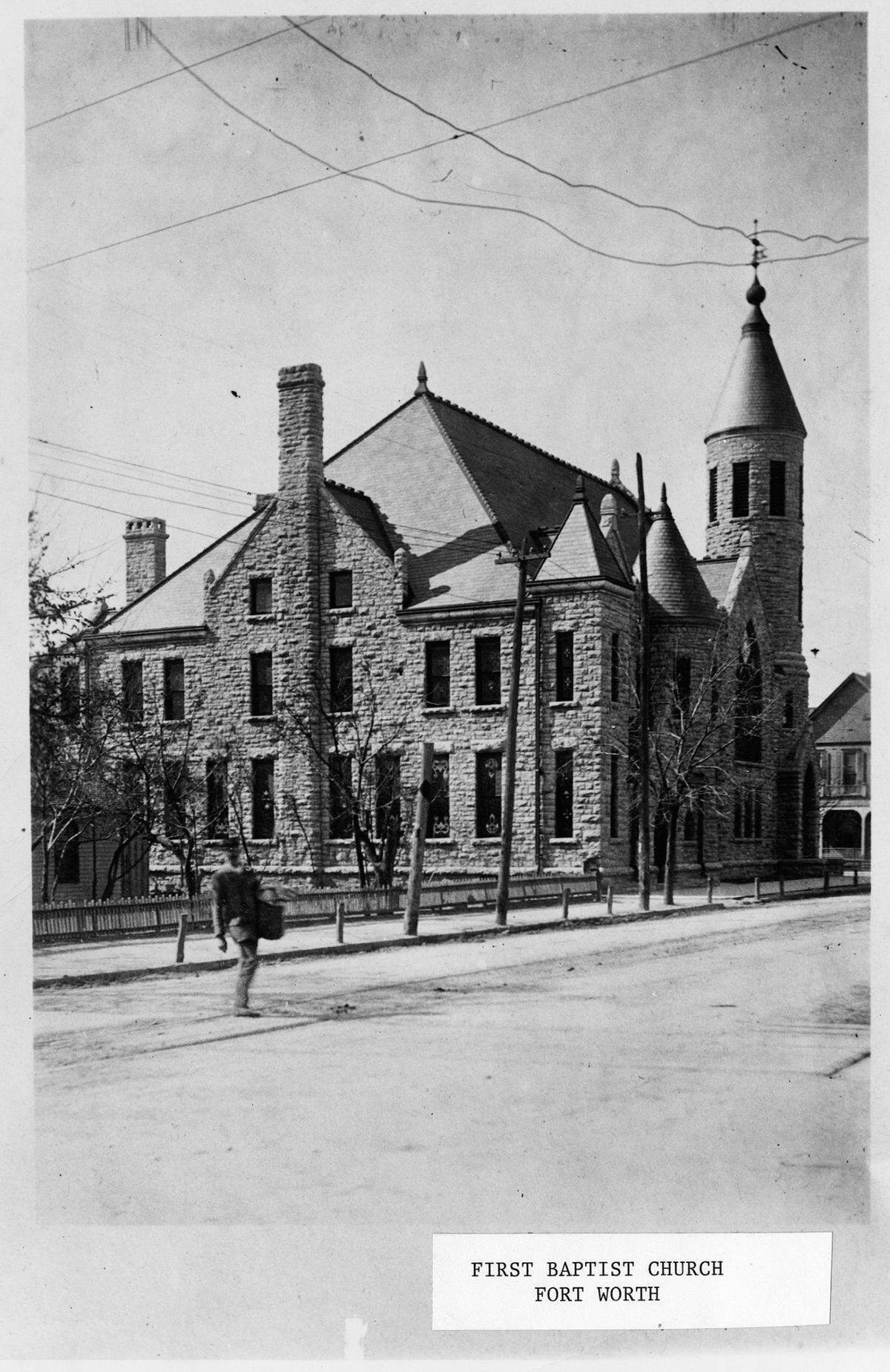 Circa 1910: First Baptist Church, 4th and Throckmorton Street in Fort Worth, was built in the 1880s and burned in 1912. The Rev. J. Frank Norris, pastor.