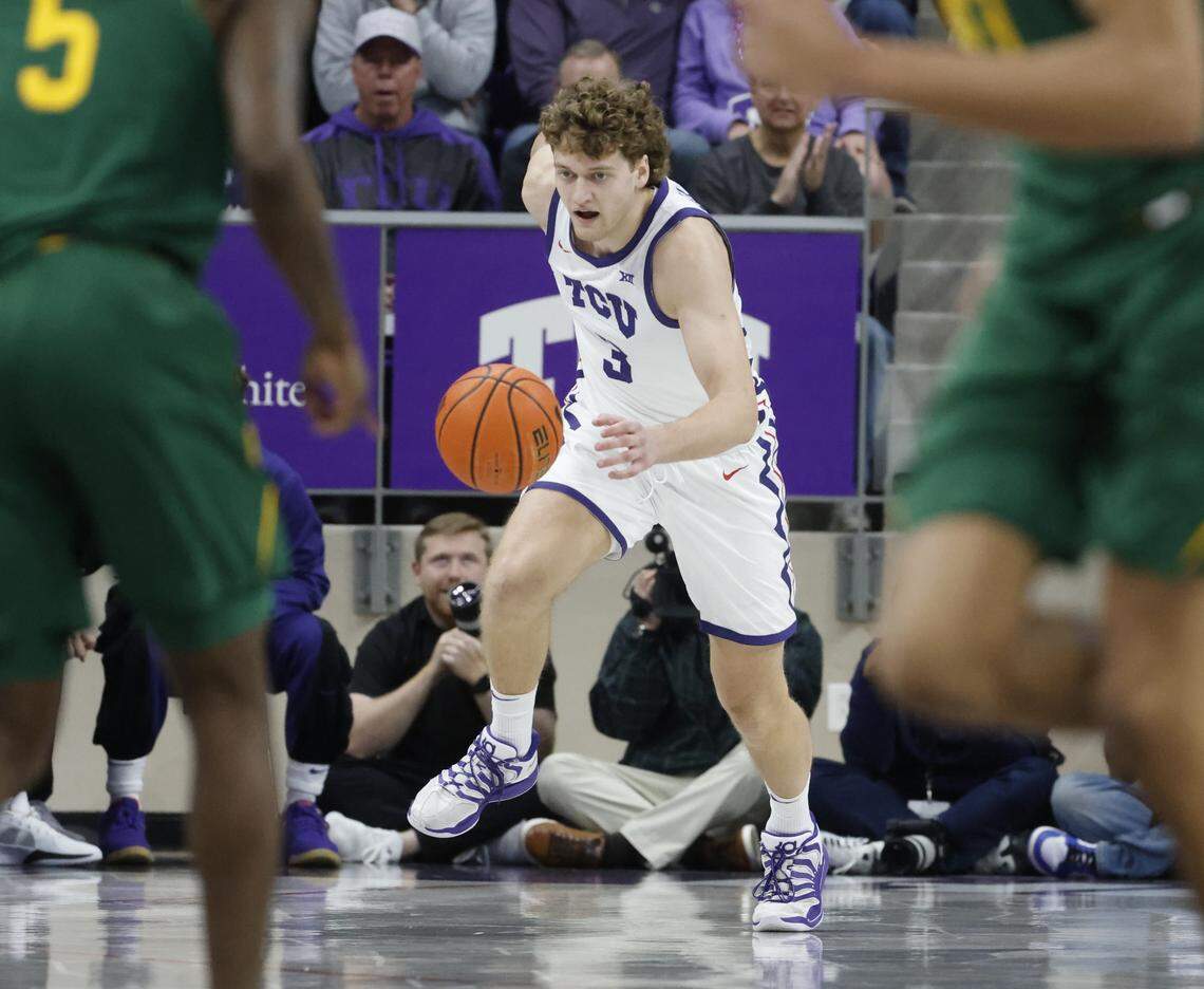 TCU guard Liutauras Lelevicius (3) brings a rebound down court during the first half of a NCAA basketball game between Baylor University and TCU at Schollmaier Arena in Fort Worth, Texas, Saturday Jan. 03, 2026