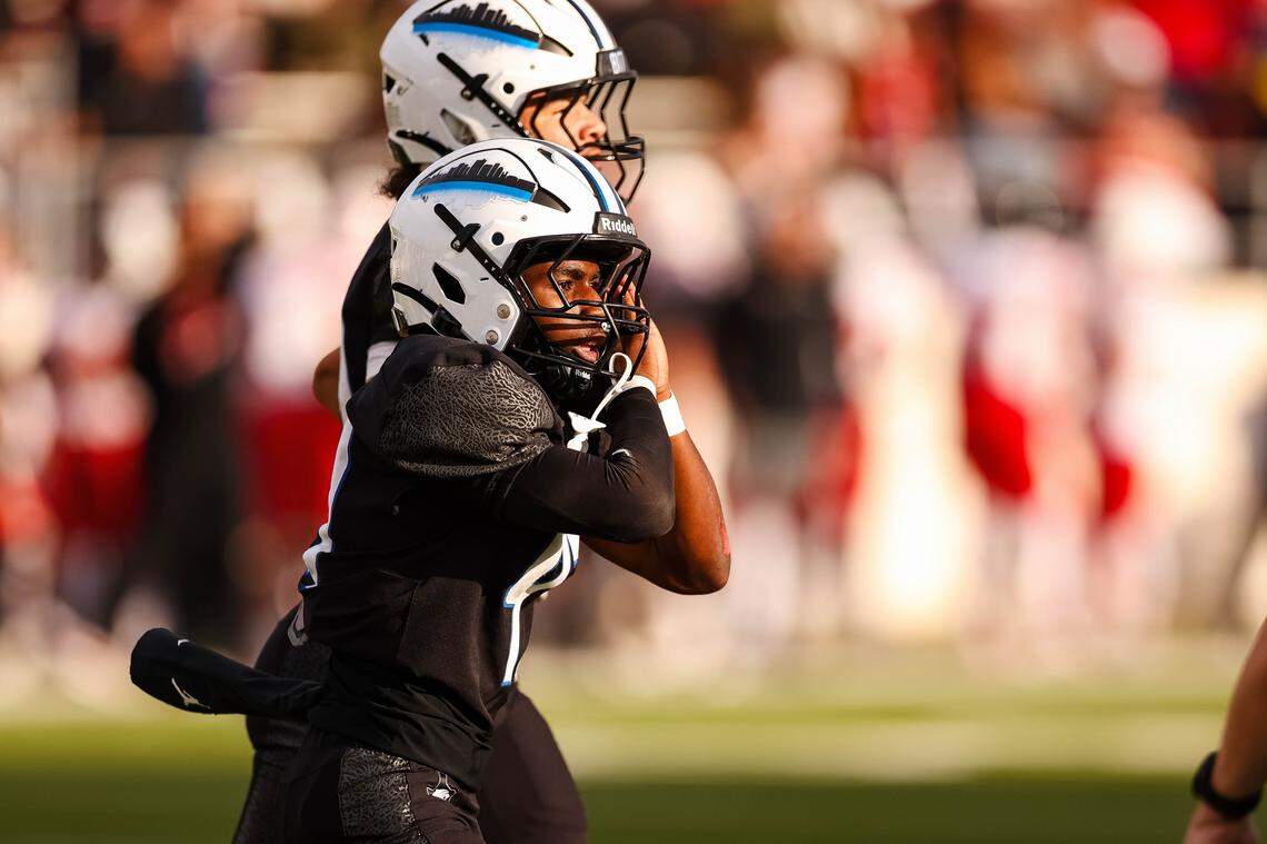 North Crowley running back Marquis Robinson puts his hands toward his head in a sleeping motion after rushing for a touchdown in a Class 6A Division I regional playoff against Coppell on Saturday, Nov. 29, 2025, at Midlothian ISD Stadium in Midlothian.