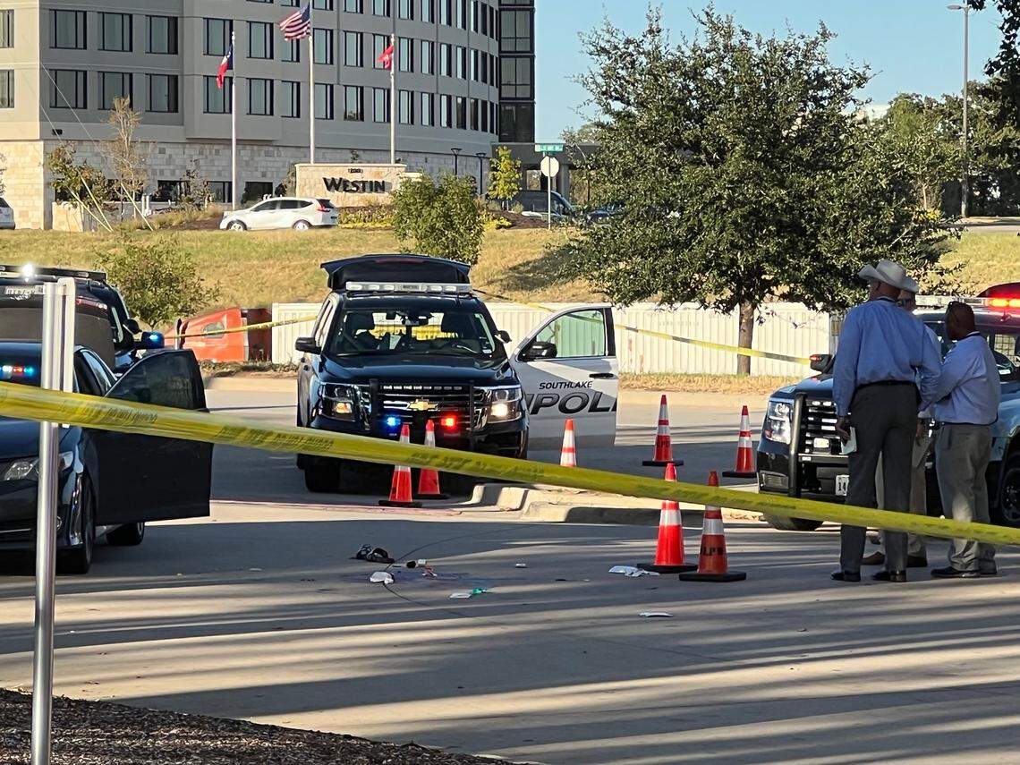 Southlake police at the scene of a shooting Monday, Oct. 17, 2022, on the service road of Texas 114.