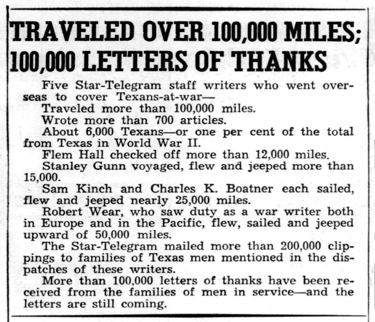 A sidebar published in the Fort Worth Star-Telegram on Nov. 18, 1945, highlighting the accomplishments of the five Star-Telegram war correspondents.