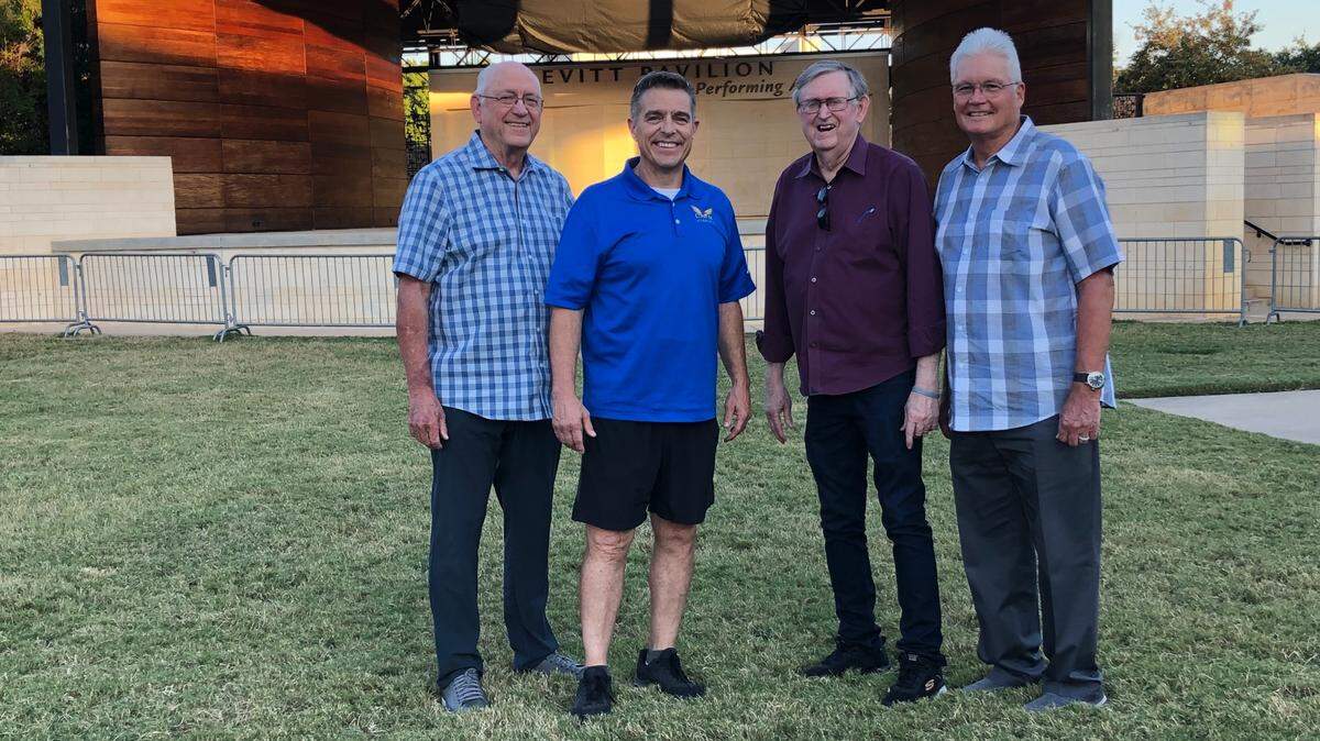 Men Serving God members, from left, Jerry McCullough, Kelly Curnutt, Jim Reeder and Ray Biery, gather for a planning meeting at Levitt Pavilion. The nonprofit group is holding a free barbecue event Wednesday, Oct. 27 at Levitt in downtown Arlington.