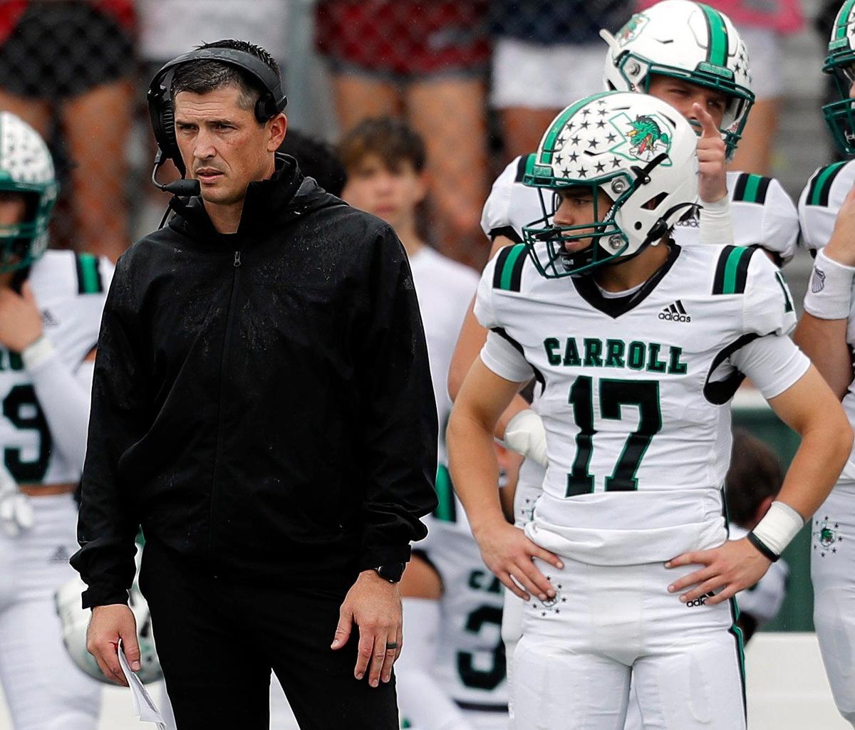 Carroll head coach Riley Dodge watches game action in the second quarter during a high school football game at Keller ISD Stadium in Keller, Texas, Friday Oct. 01, 2021. Carroll led 28-13 at the half. (Special to the Star-Telegram Bob Booth)