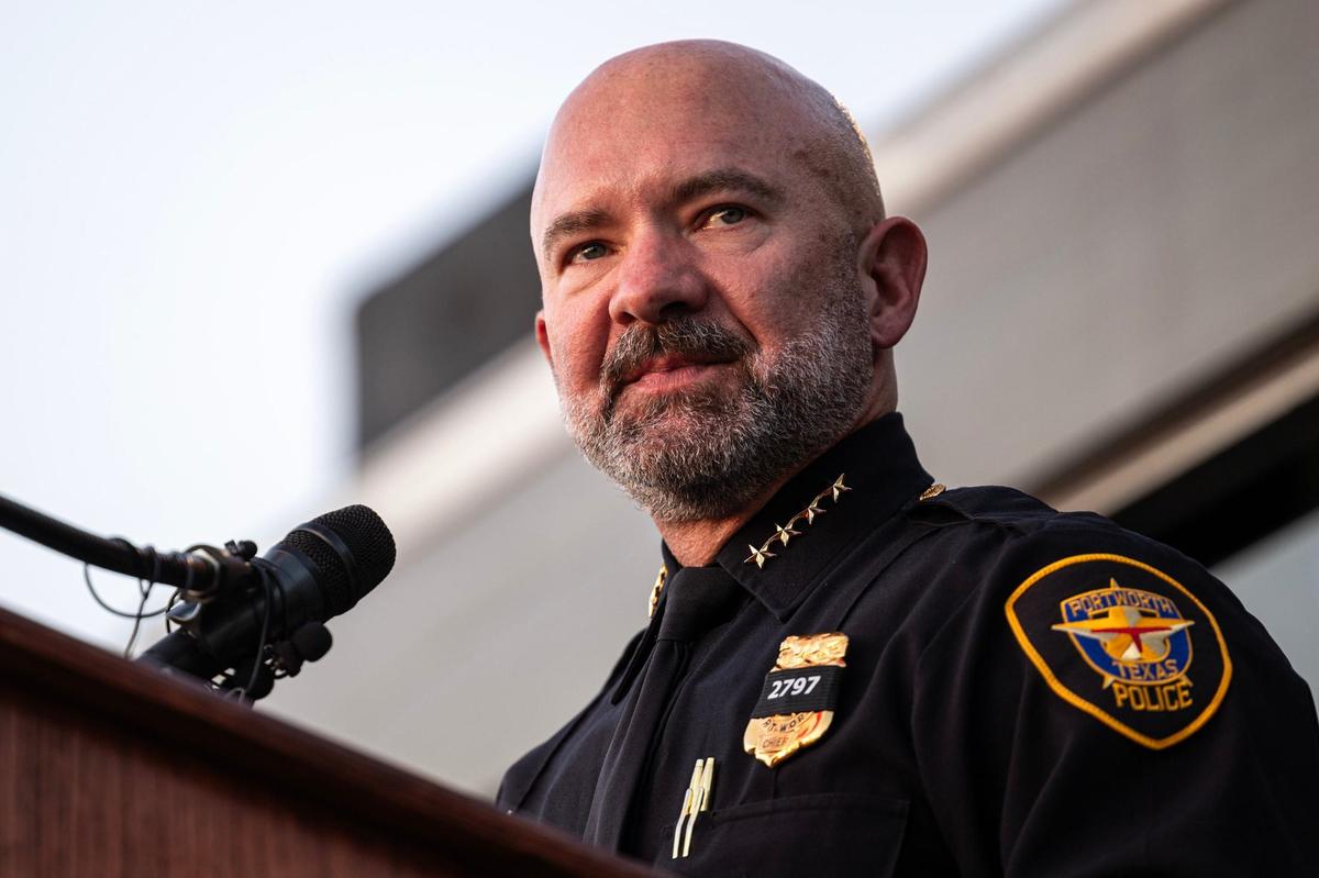Fort Worth Police Department Chief Neil Noakes says some words about Sgt. Billy Randolph during a candlelight vigil for the fallen officer at the Fort Worth PD South Division headquarters in Fort Worth on Aug. 14, 2024. Sgt. Randolph was struck by a vehicle while working a crash scene on I-35W.