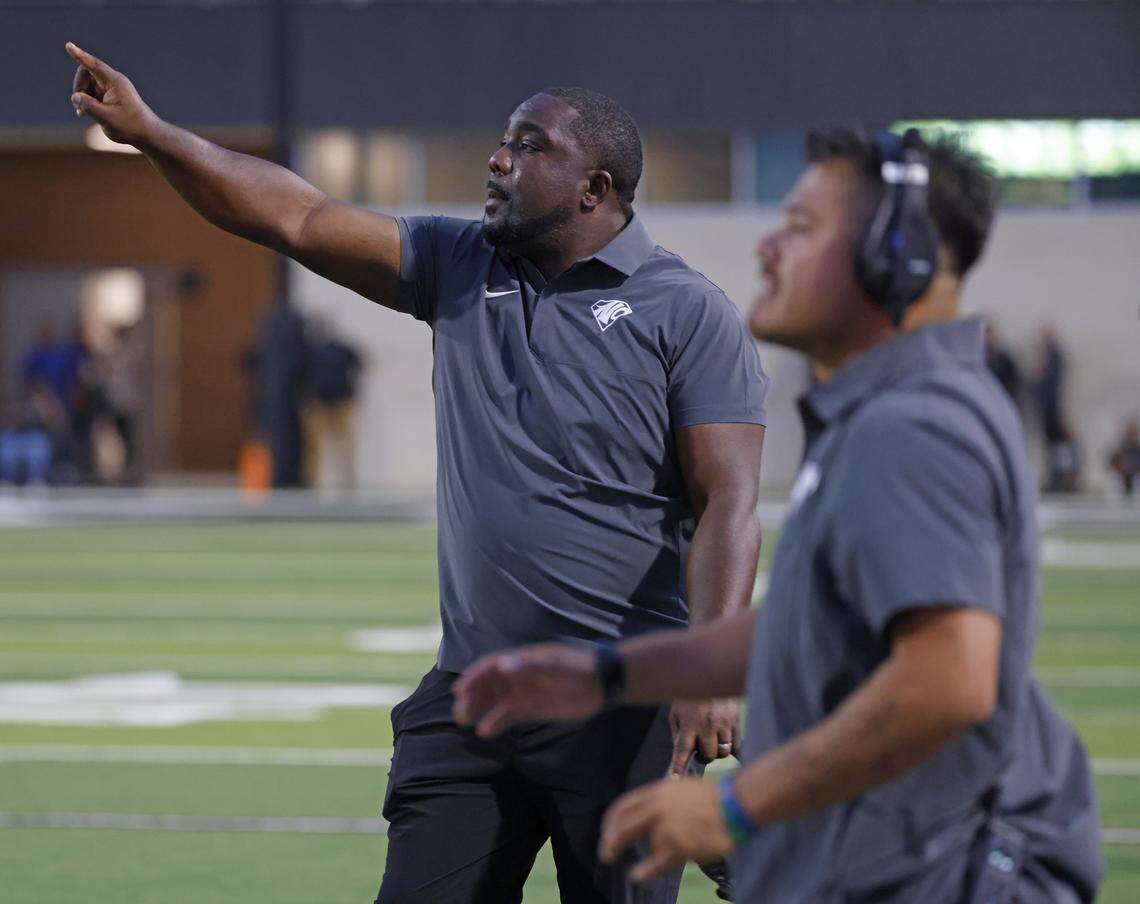 North Crowley head coach Ray Gates directs traffic on the field during the first half of a UIL football game between DeSoto and North Crowley at Crowley ISD Multi-Purpose Stadium in Fort Worth, Texas, Friday, Sept. 05, 2025.