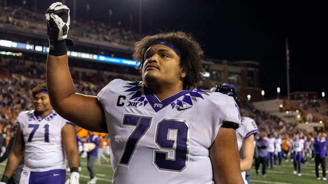 TCU center Steve Avila (79) celebrates the team’s win over Texas in an NCAA college football game Saturday, Nov. 12, 2022, in Austin, Texas. (AP Photo/Stephen Spillman)