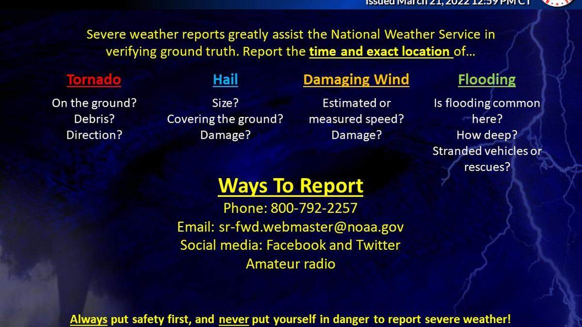 The National Weather Service center in Fort Worth wants you to get involved. You can help them track the storm by safely reporting to them how the weather is affecting your area.