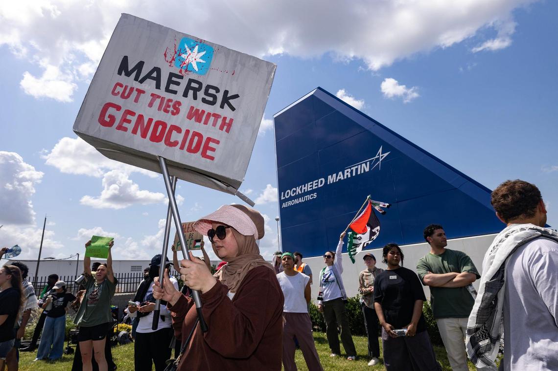 Community members protest the shipment of F-35 fighter jet wings by Israel Aerospace Industries in front of Lockheed Martin Aeronautics in Fort Worth on Thursday, June 19, 2025.