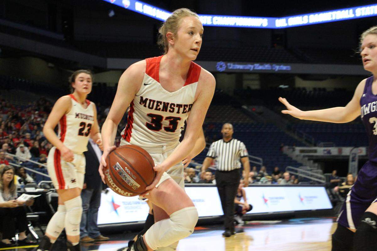 Muenster junior Annie Anderle goes to the basket vs. Mason in the Class 2A state semifinals, Friday March 6, 2020. The Lady Hornets won 43-34. Anderle scored 10 points (Patrick Hayslip/Gainesville Daily Register)