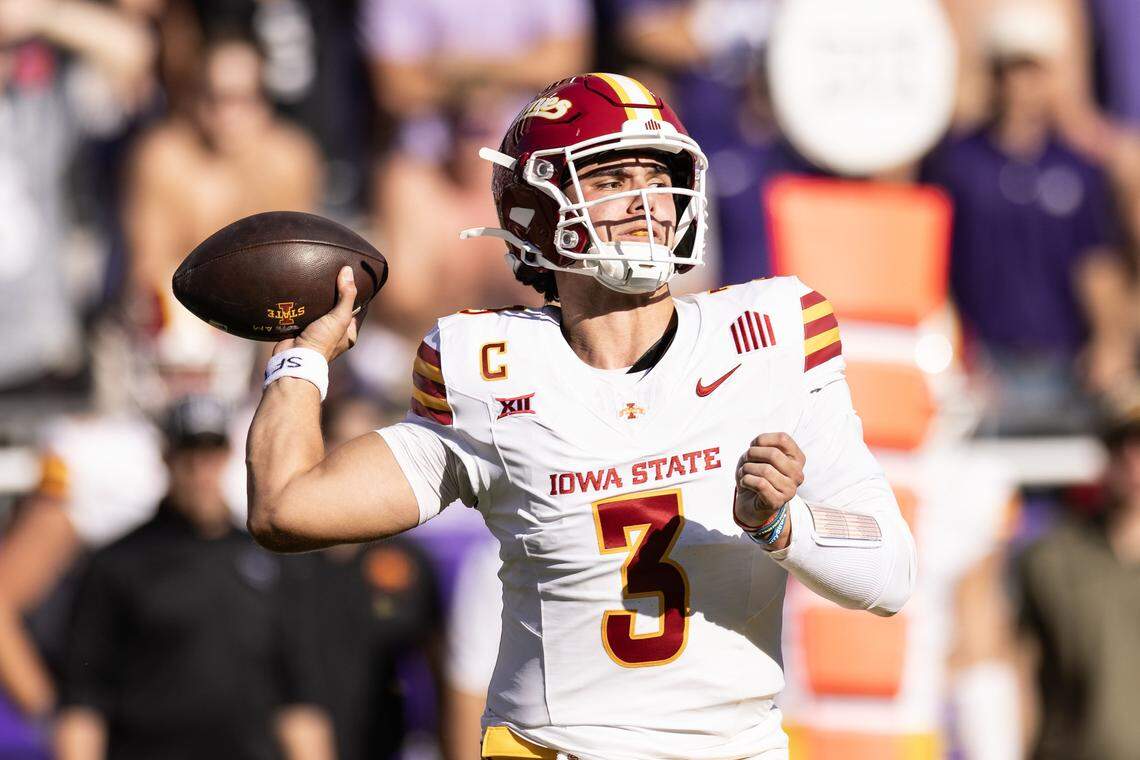 Iowa State quarterback Rocco Becht (3) throws a pass in the first half of a Big XII football game between the TCU Horned Frogs and the Iowa State Cyclones at Amon G Carter Stadium in Fort Worth on Saturday, Nov. 8, 2025.
