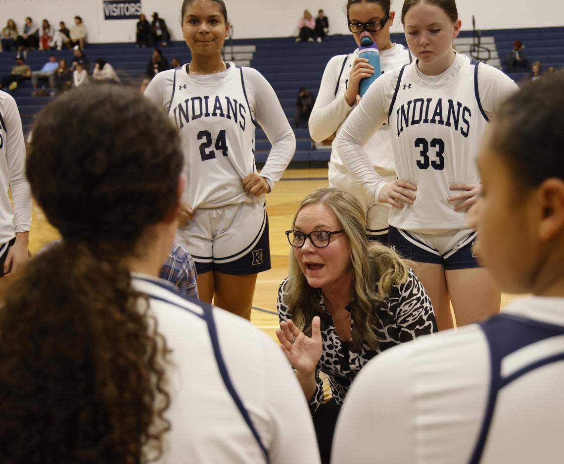 Keller head coach Kate Goldberg talks to the team during a timeout in the first half of a UIL girls basketball game between L.D. Bell and Keller at Keller High School in Keller, Texas, Friday Jan. 16, 2026