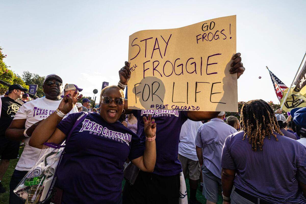 TCU football fans cheer during the Fox Big Noon Kickoff show prior to the TCU football game against the Colorado Buffaloes at Amon G. Carter Stadium in Fort Worth on Saturday, Sept. 2, 2023.