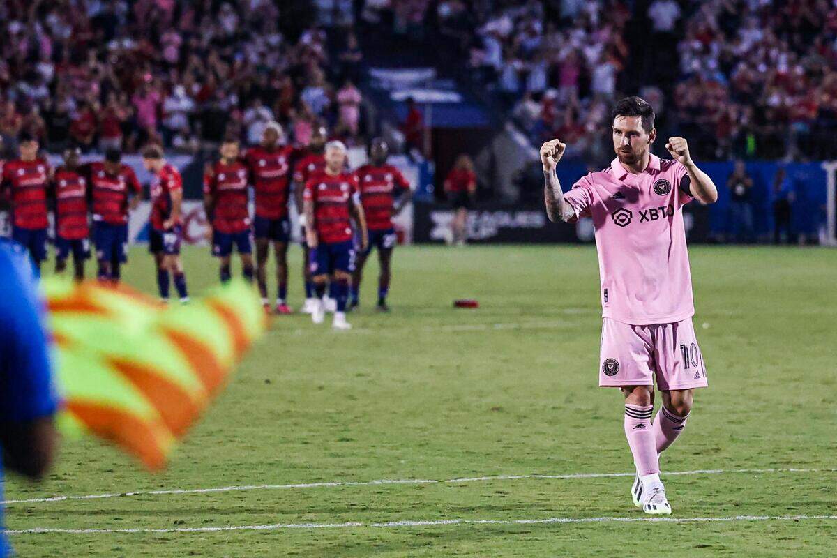 Inter Miami CF captain Lionel Messi (10) celebrates after scoring his penalty kick during a penalty shootout following a 4-4 draw of a Leagues Cup match against FC Dallas at TOYOTA Stadium in Frisco, Texas on Sunday, Aug. 6, 2023.