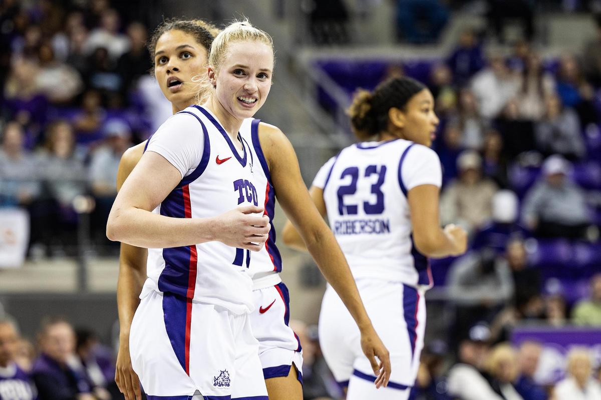 TCU guards Hailey Van Lith (10) and Donovyn Hunter (4) react to an official’s call between TCU and Cincinnati at Schollmaier Arena in Fort Worth on Saturday, Jan. 4, 2025.