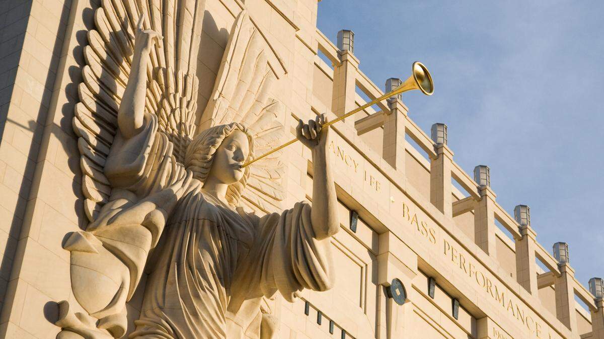 Two 48-foot-tall angels grace the Grand Facade of Bass Hall, which opened on May 1, 1998.