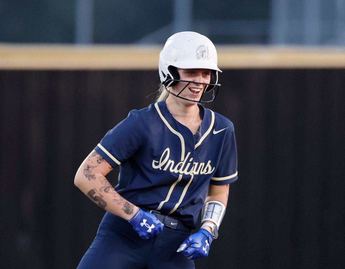 Keller first baseman Lauren Kavanaugh reacts to her double she smacked off the wall at 215 feet during a UIL District 6A Region1 Semi-finals at Coppell Softball Complex in Coppell, Texas, Friday, May 17, 2024.