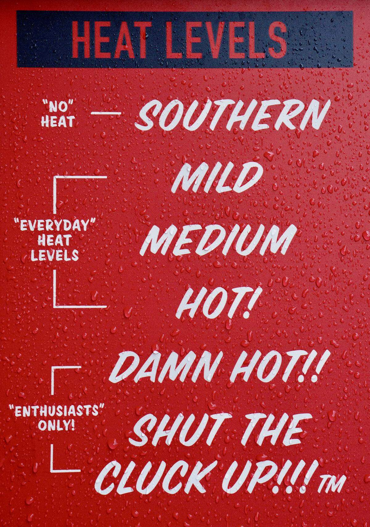 The “heat levels” signage gives patrons a preview of what to expect for lunch at Hattie B’s Hot Chicken in their Midtown Nashville, Tennessee, restaurant on April 2, 2024.