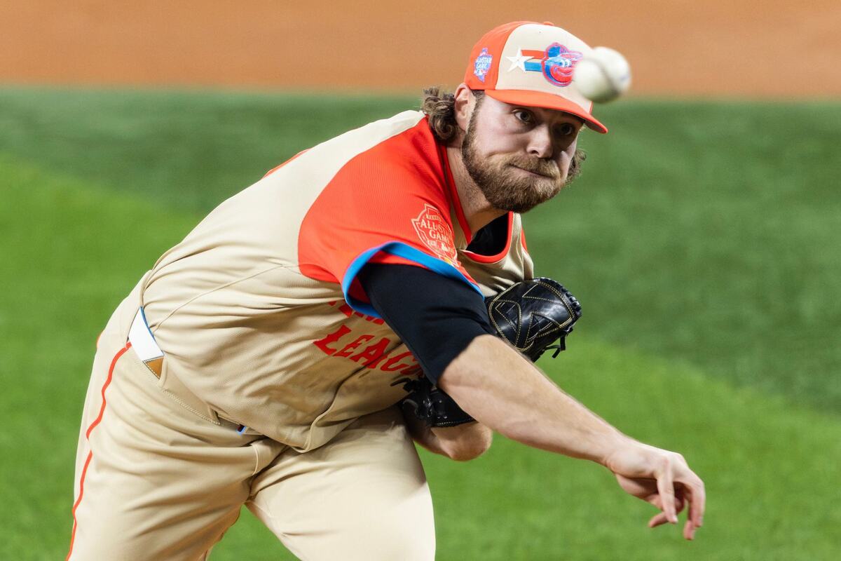 Baltimore Orioles starting pitcher Corbin Burnes throws the first pitch of the game in the first inning of the MLB All Star Game at Globe Life Field in Arlington on Tuesday July 16, 2024.