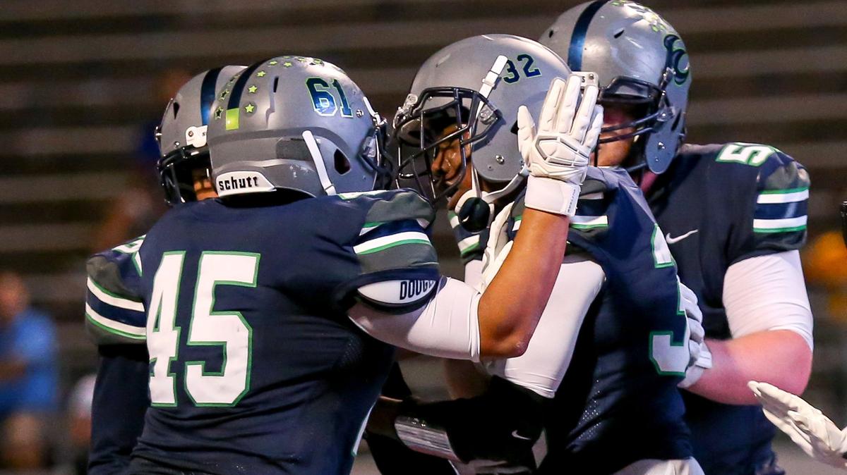 Eaton running back Massai Burks (32) celebrates with his teammates after scoring a touchdown against Keller Fossil Ridge during the first half, October 4, 2018 played at Northwest ISD Stadium in Justin, TX.