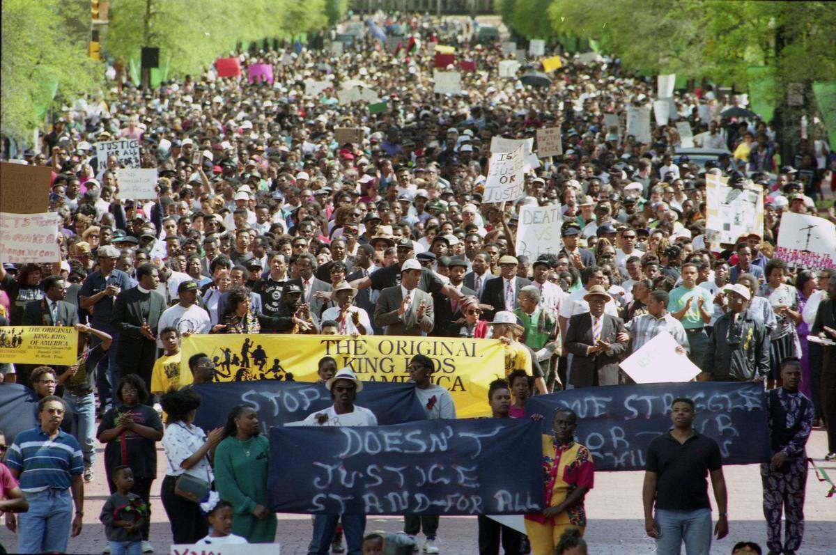 n 1993, marchers filled Main Street downtown to protest the probated sentence given a teenage skinhead in the hate-crime killing of Donald Thomas of Arlington.
