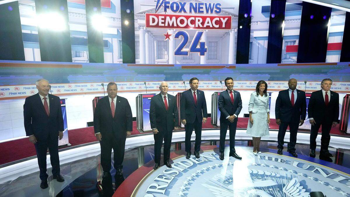 (From left) Republican presidential candidate former Arkansas Gov. Asa Hutchinson, Republican presidential candidate former New Jersey governor Chris Christie, Republican presidential candidate former Vice President Mike Pence, Republican presidential candidate former Vice President Mike Pence, Republican presidential candidate Florida governor Ron DeSantis, Republican presidential candidate Biotech entrepreneur Vivek Ramaswamy, Republican presidential candidate former former U.N. Ambassador Nikki Haley, Republican presidential candidate South Carolina Republican U.S. Sen. Tim Scott, and Republican presidential candidate North Dakota governor Doug Burgum are introduced at Fiserv Forum during the first 2023 Republican presidential debate in Milwaukee on Wednesday, Aug. 23, 2023.