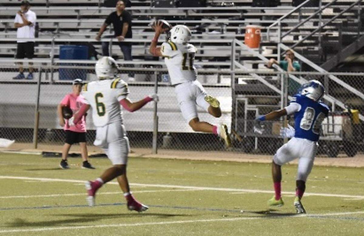 Game changing interception made by Benbrook’s Santiago Merino (11) during a high school football game against Eastern Hills at Handley Field in Fort Worth, Texas, Thursday Oct. 7, 2021. (Jaylyn Ferguson/special to the Star-Telegram)