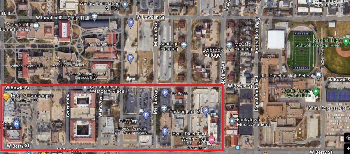 An image showing the seven blocks TCU has plans to develop on West Berry Street. 