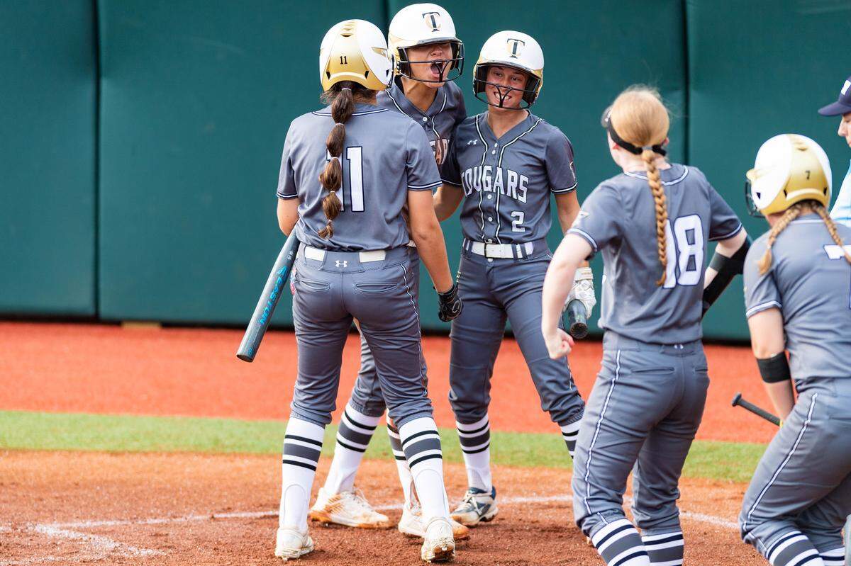 The Colony celebrate its first run of the 5A state semifinals, Friday May 31, 2019.